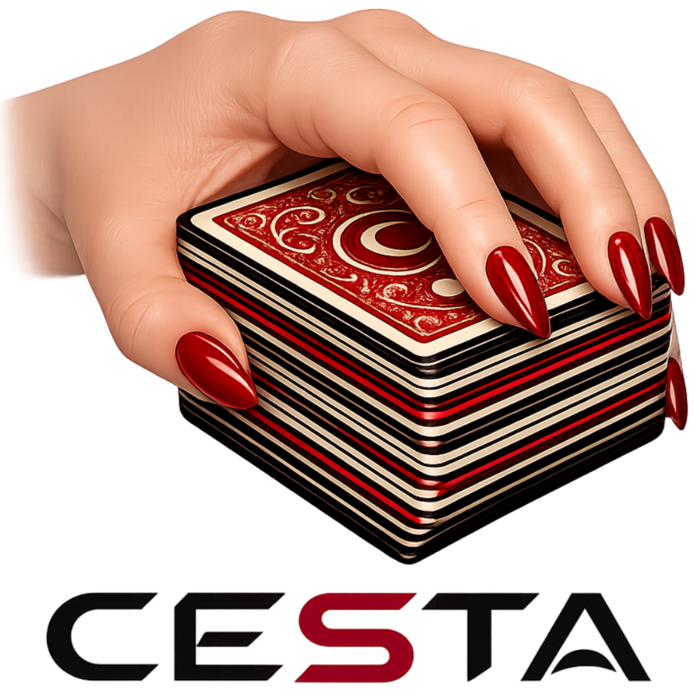 Cesta logo — a hand with red nails gripping a stacked deck of cards